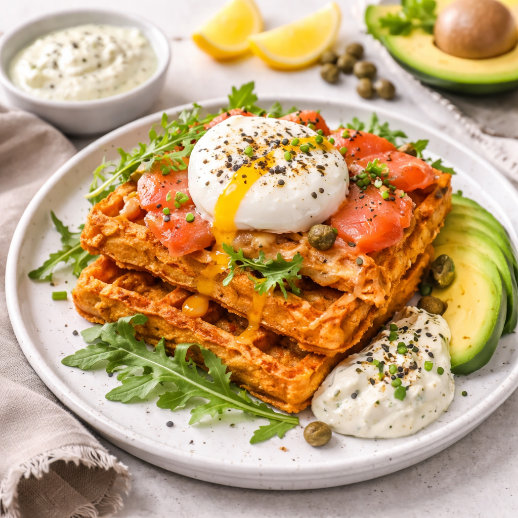 Zoete aardappelwafel met zalm
