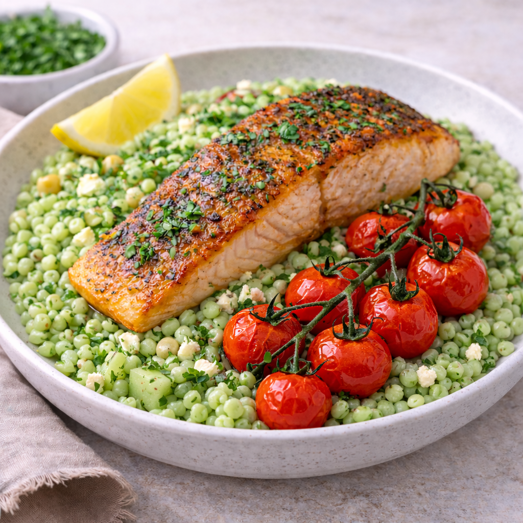 Romige parelcouscous met zalm